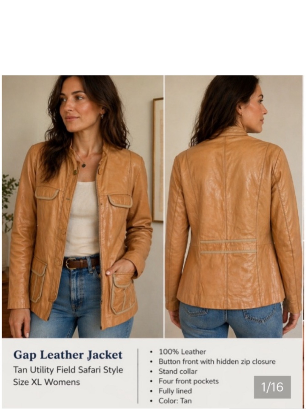 Gap Leather Jacket Tan Utility Field Safari Style XL Womens Y2K brown blazer